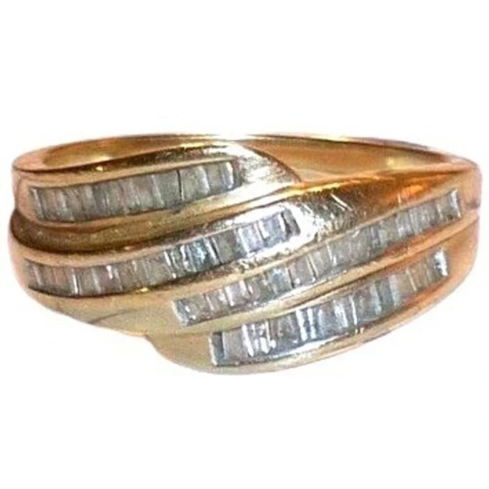 Designer Signed ZEI 14K Gold‎ Baguette Diamond Crossover Wave Ring 3.12g